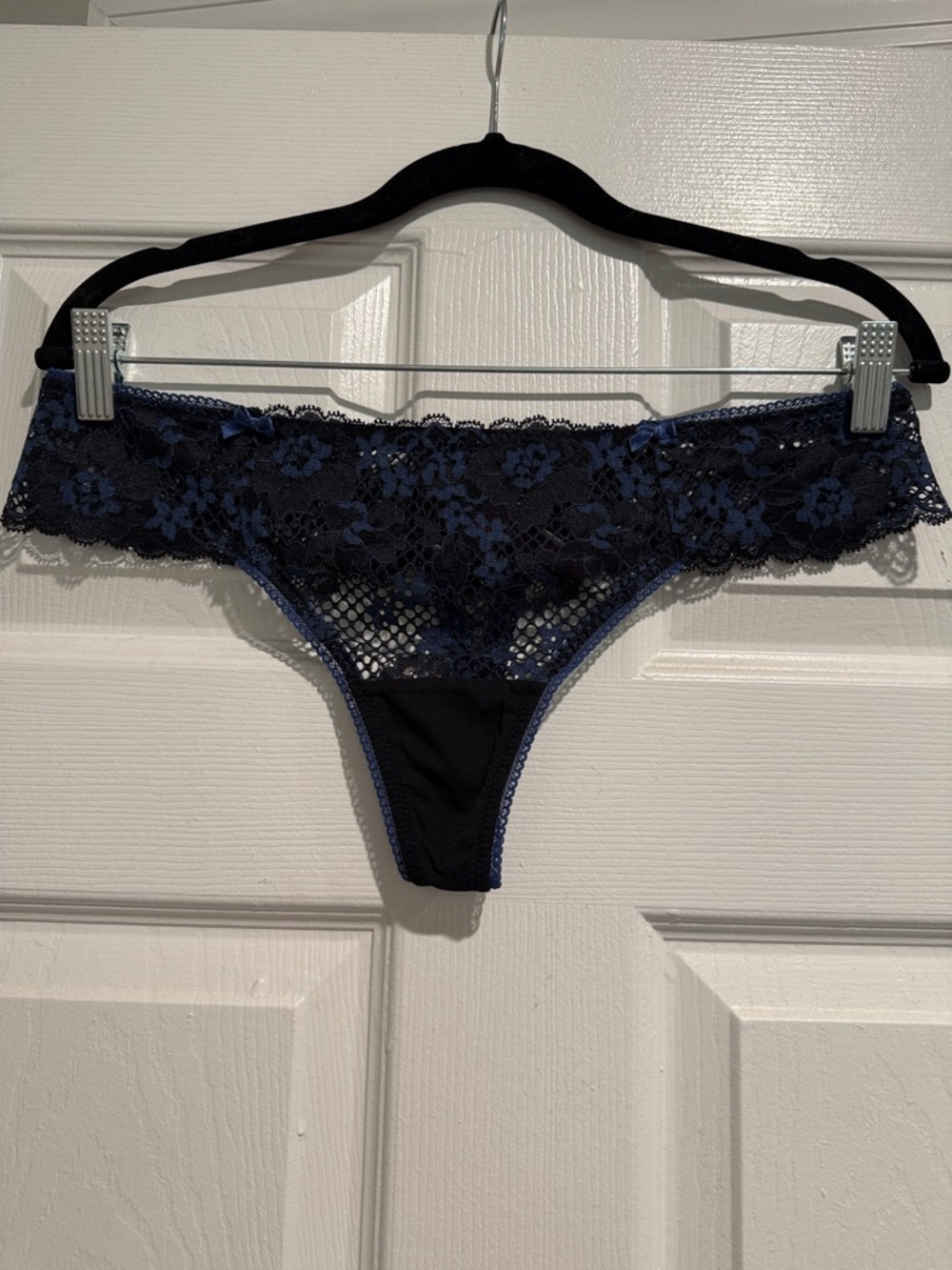 NWOT Adore Me Pacchi Lace-Trim Thong Blue and Black Large